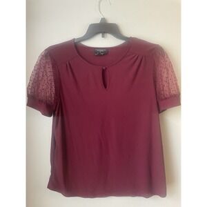 Flower & Feather Women's Blouse Sheer Polka Dot Sleeves Maroon XL‎
